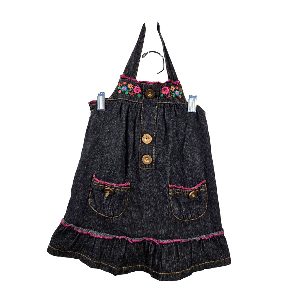 Vtg Carters Watch the Wear Girls 24M Denim Embroider Ruffle Jumper Dress Floral